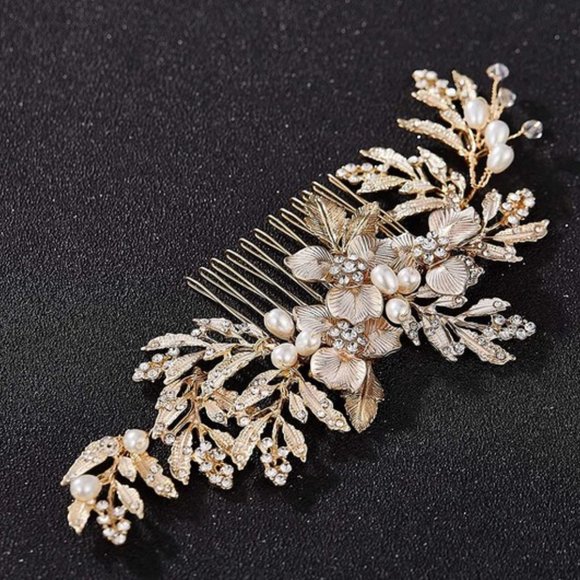champagne pearl & rhinestone gold haircomb - Picture 3 of 4